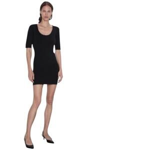 Zara Knit Scalloped Scoop Neck Mini Dress Bodycon Tube 3/4 Sleeve Sexy Size S